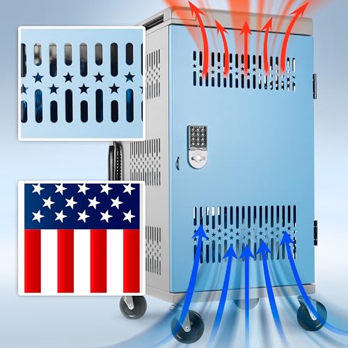 Fully Assembled 30 Bay Mobile Charging and Storage Cart for iPad,Chromebook and Laptop Computer with Keypad Lock,Up to 14-inch Screen Size,Surge Protection,Front & Back Access Locking Cabinet