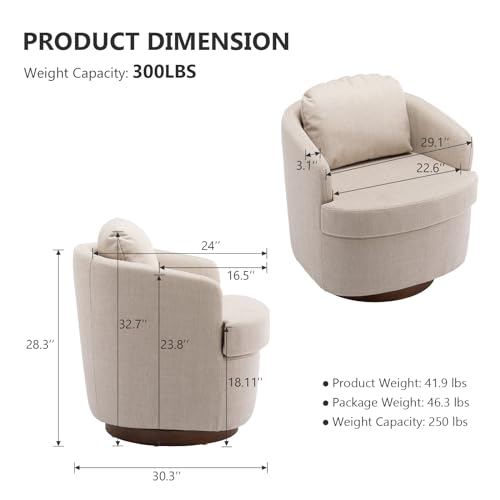 Swivel Accent Chair for Living Room, Oversized 360° Swivel Barrel Modern Chair Comfy Linen Boucle Upholstered Armchair with Soild Wood Round Brown Base for Bedroom, Beige