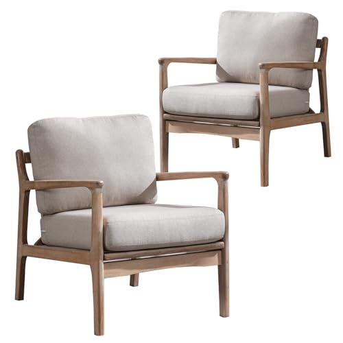 Accent Chair for Adults Set of 2, Upholstered Mid Century Modern Lounge Chair with Solid Wood Frame, Linen Fabric Comfy Reading Armchair for Living Room Bedroom