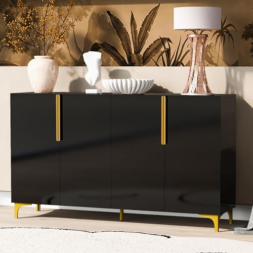 Merax Luxury Glossy Finish Storage Cabinet with Adjustable Shelves and Metal Handles & Legs, Four-Door Wooden Buffet Sideboard Console Table for Living, Dining Room, Ktichen, Hallway, 55
