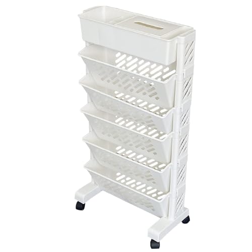 6 Tier Rolling Bookshelf, Utility Book Rack Organizer Bookshelves, Mobile Bookshelf with Wheels, Storage Book Cart for Kids Children Students Study in Bedroom Living Room Home School, White