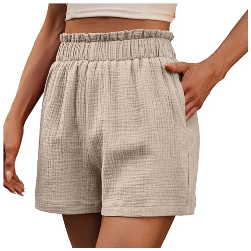 Linen Shorts for Women Elastic Waist Drawstring Shorts Summer Casual Lightweight Lounge Beach Shorts with Pockets
