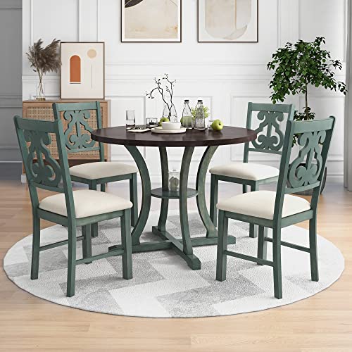 Retro Style 5-Piece Round Dining Table Set for 4 Extendable Table and 4 Elegantly Upholstered Chairs Dining Set for Kitchen Dining Room