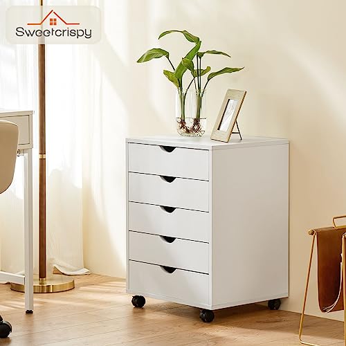File Cabinet with 5 Drawers Printer Stand Wooden Storage Cabinet with Wheels Mobile Organizer Drawer Cabinet Display Decoration Cabinet Suitable for Home and Office (White)
