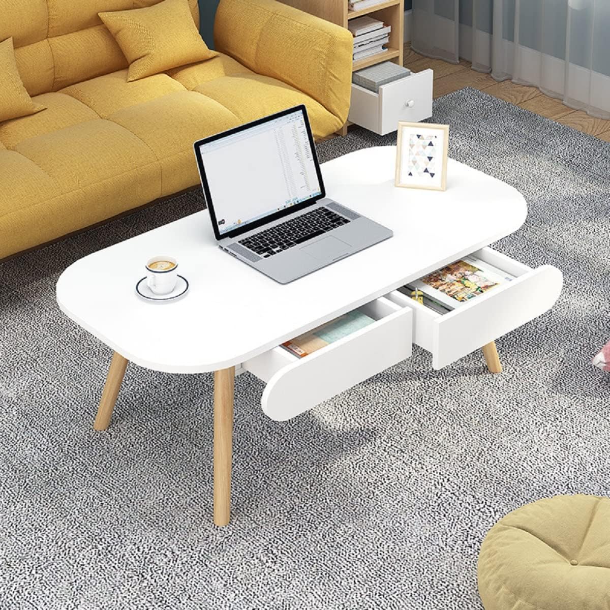 Gdrasuya10 White Oval Coffee Table with 2 Drawers, MDF Coffee Table with Storage Tea Table Living Room Table Household Sofa Table (40 inch Length)