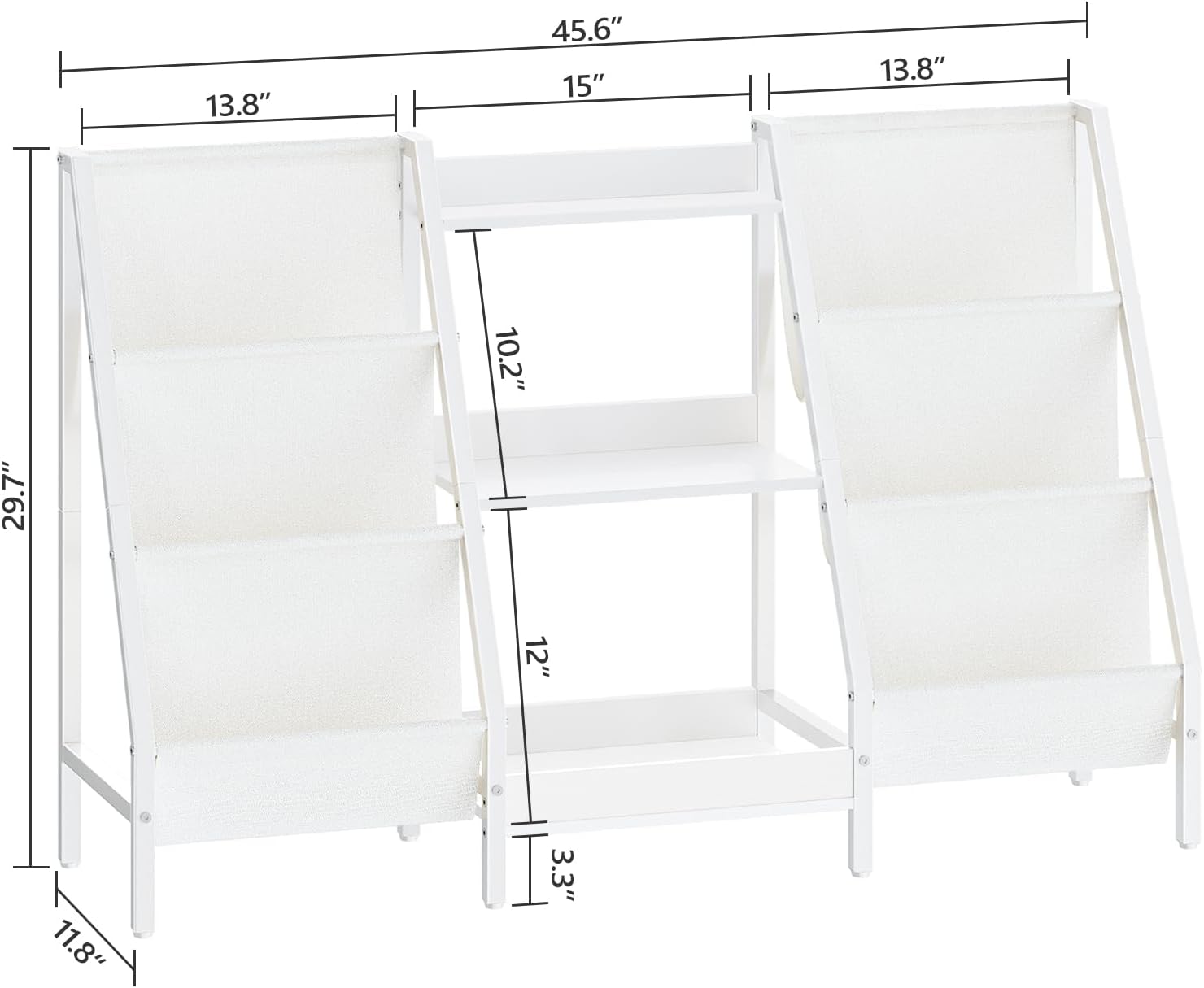 Kids Bookshelf and Toy Organizer, 3-Tier Kids Bookcase, Kids Sling Bookshelf, Toddler Toy Storage Organizer with Bookshelf, for Kids Room, Playroom, Bedroom, Nursery, White BKWT34201