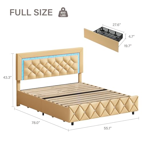 Full Size Bed Frame with LED Lights, Upholstered Bed Frame with 4 Storage Drawers, Modern Platform Bed with Diamond Headboard and Footboard, No Box Spring Needed, Black