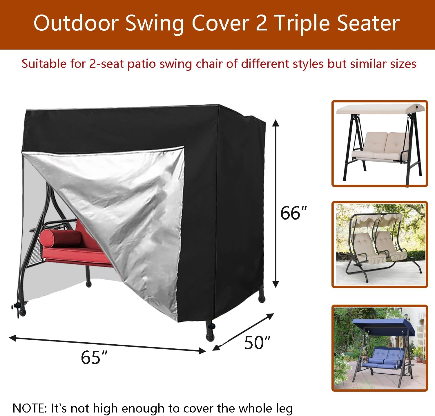FLYMEI Outdoor Swing Cover 2 Seater Waterproof Patio Swing Cover Porch Swing Cover 2 Triple Seater Swing Canopy Cover All Weather Protection, 65'' (L) x 50''(W) x 66''(H)