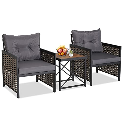 Tangkula 3 Piece Rattan Chair Set, Patio Wicker Chairs and Coffee Table Set, Heavy-Duty Metal Frame & Durable Acacia Wood Tabletop, Outdoor Furniture Set for Backyard, Front Porch, Deck (White)