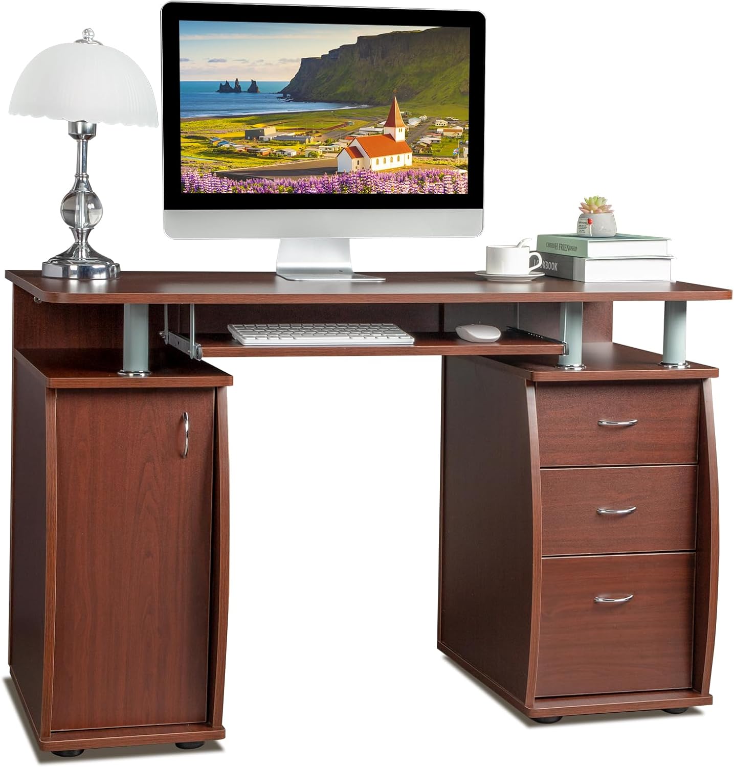 Home Office Computer Desk - Wood Computer Workstation with 1pc Door, 3pcs Drawers and Keyboard Tray,Computer Desk with Drawers & Storage Cabinet, Office Desk PC Laptop Workstation for Home, Studio