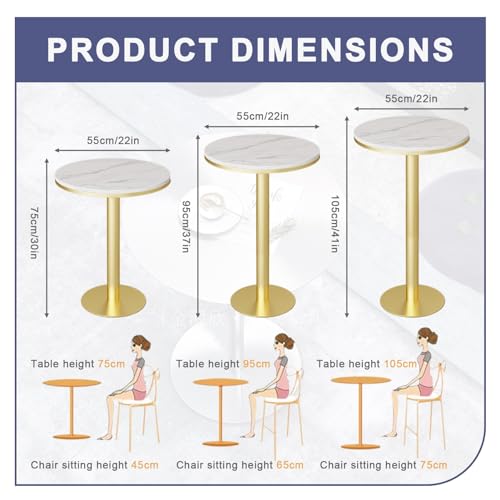 Round Bar Table, Bistro Pub Table Outdoor/Indoor Conference Table Coffee Meeting Table, Bistro Dining Table Breakfast Tables, White Marble Top and Gold Metal Leg(Size:Height 95cm)