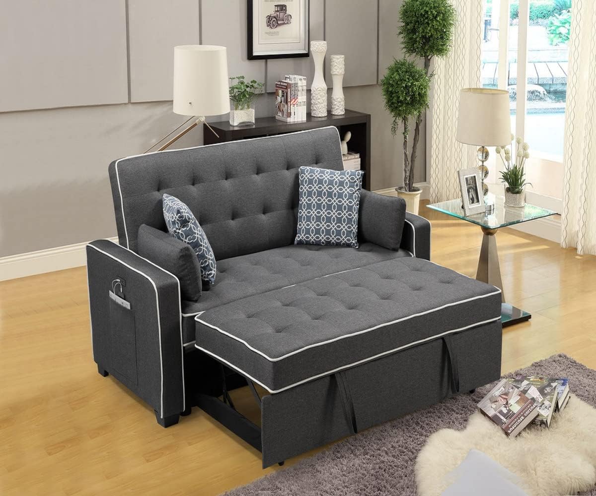 Metz Modern Gray/White Sleeper Sofa with 2 USB Charging Ports in Linen Fabric