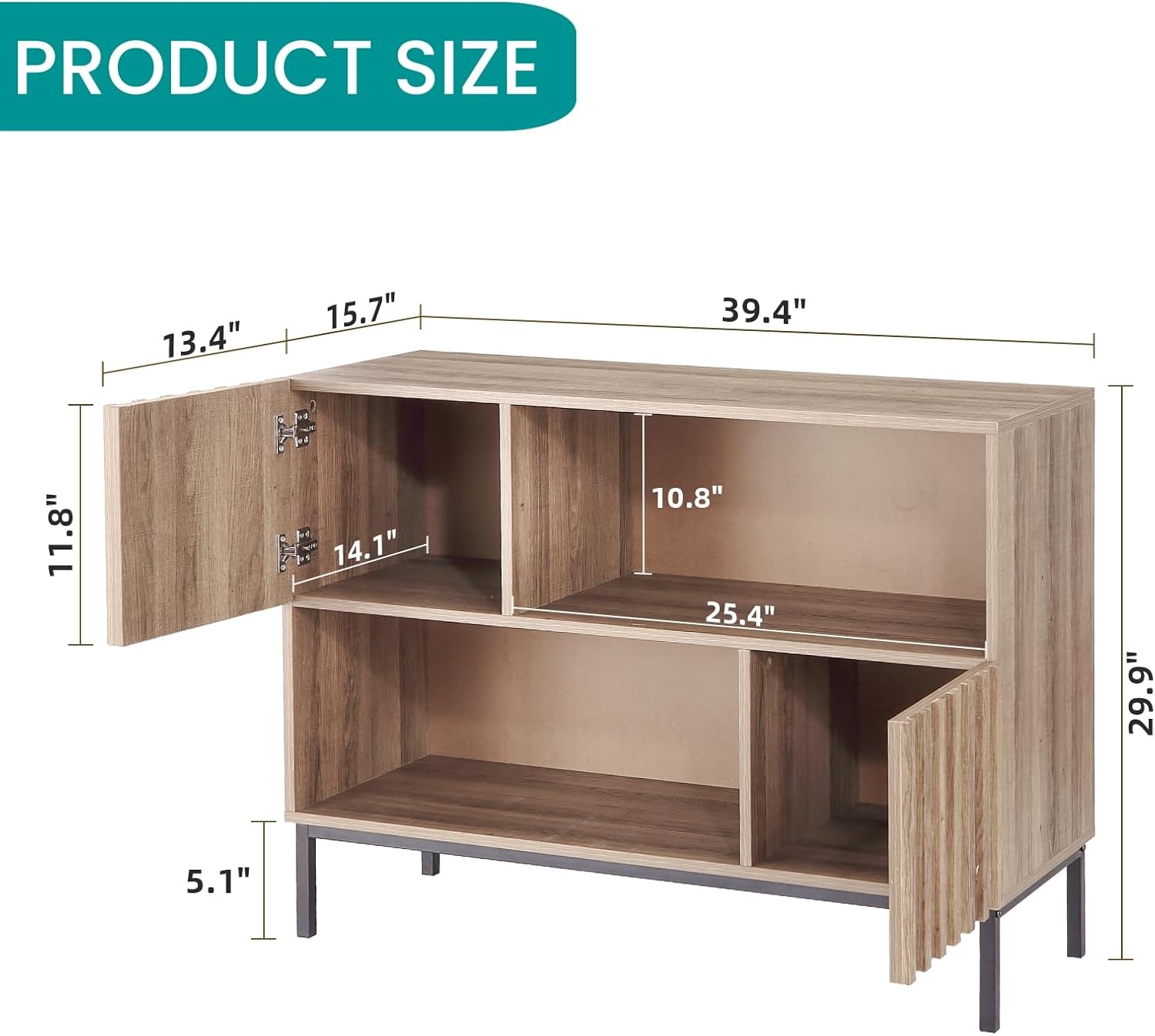 Entryway Table, Mid Century Modern Sideboard Buffet Cabinet with Fluted Door, Storage Shelves & Metal Legs, Console Sofa Table Accent Cabinet for Living Room Hallway