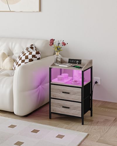 Nightstands with LED Lights and Charging Station, End Table with 2 Fabric Storage Drawers and Shelves, Modern Side Table with USB Ports & Power Outlets, Greige NS30805B