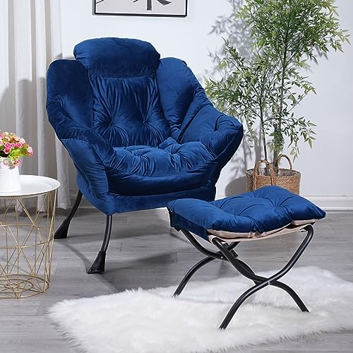 Living Room Chairs Modern Cotton Fabric Lazy Chair, Accent Contemporary Lounge Chair, Single Steel Frame Leisure Sofa Chair with Armrests and A Side Pocket (Blue)