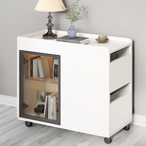 Modern End Table with LED light & Wheels, Wood Sofa Side Table with Transparent Brown Glass Door, 2 Storage Shelves & 2 Drawers for Living Room, Study, Office (Black+MDF)