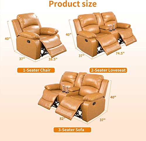 Bonded Leather Living Room Furniture Set 3 Piece Manual Recliner Sofa Set Multifunctional Reclining Couches with Cup Holders and Storage Console (Ginger)