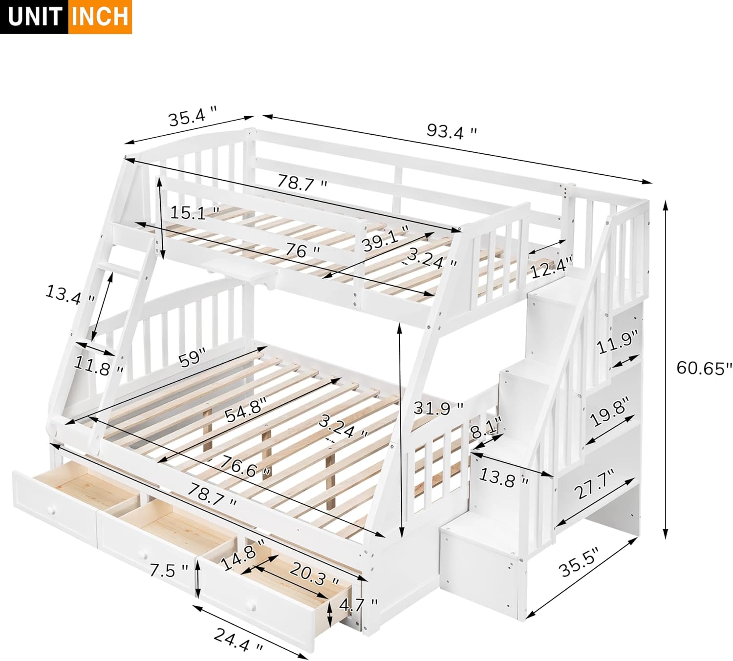Stairway Twin Over Full Bunk Bed with Storage Drawers, Staircase and Ladder, Wooden Bunkbed Convertible into 2Beds for Kids/Teens/Adults Bedroom, White