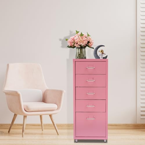 DNYSYSJ Metal File Storage Cabinet, Storage Cabinet with 5 Drawers, 5-Drawer Storage Cabinet with Wheels for Home Office (Pink)