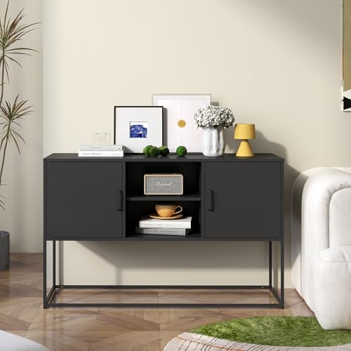 Metal Sideboard Buffet Cabinet, Modern Steel Locker Storage Cabinet with Doors and Shelves, Free Standing Accent Cabinet for Living Room, Kitchen, and Home Office, Anti-Tip Design (Black)