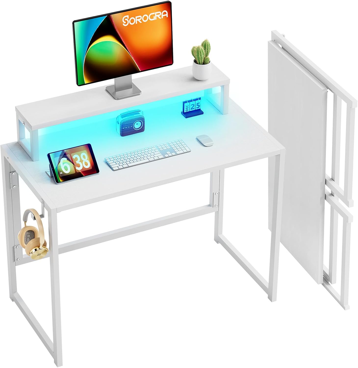 Coavas 39.4 inch Folding Desk No Assembly Required, 31.5 inch with Led Lights for Small Space Computer Gaming Table with Monitor Shelf for Home Office Bedroom