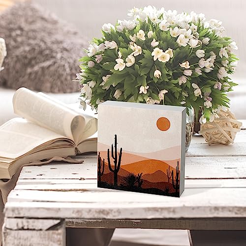 Abstract Boho Sun Rainbow Geometric Shapes Wood Box Sign Decor,Boho Mid Century Modern Wooden Block Plaque Box Sign For Home Bedroom Bathroom Living Room Wall Tabletop Desk Decorations