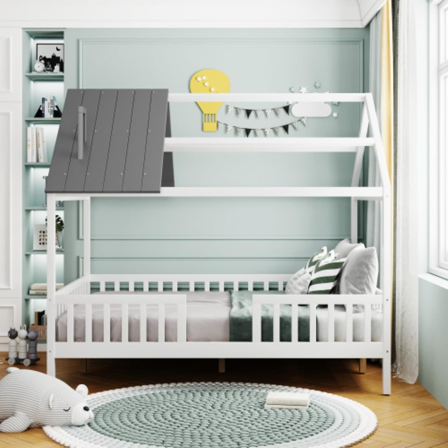 Modern, double log cabin bed with rooftop safety fence, decoratable, white + grey