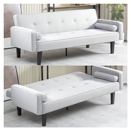 Futon Couch Sofa Bed with 2 Bolster Pillows Breathable Linen Touch Fabric Futon Couch Sofa Bed with Removable Armrests and Adjustable Positions,White