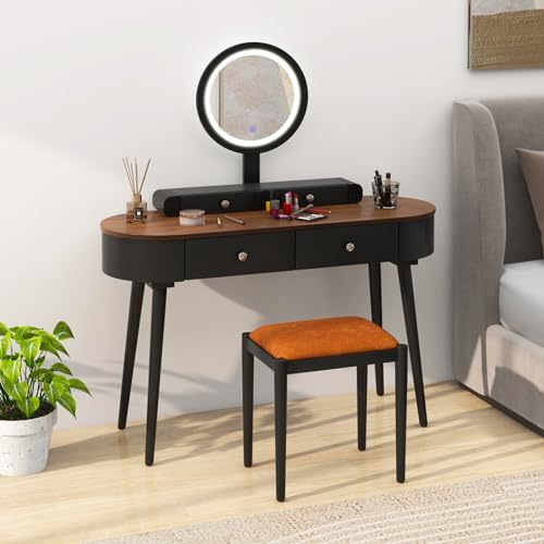 GOFLAME Makeup Vanity Desk Set, Dressing Table Set with LED Lighted Mirror, 3 Adjustable Lighting Modes and Touch Switch, Solid Wood Vanity Table and Cushioned Stool with 4 Drawers, White+Natural
