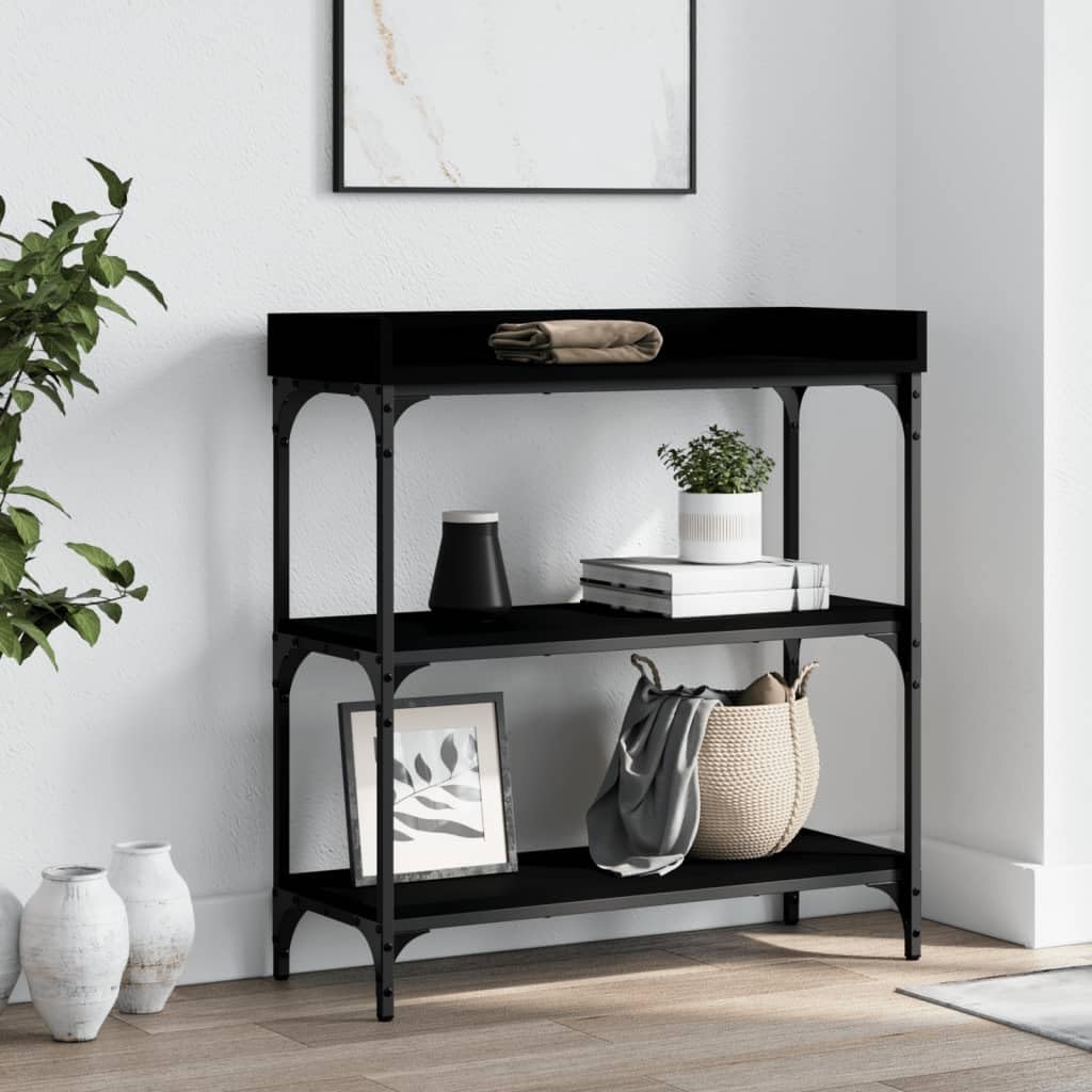 vidaXL Black Contemporary Console Table with Shelves, Engineered Wood and Metal Frame, Adjustable Feet for Stability, Ideal for Entryway, Living Room or Hallway.