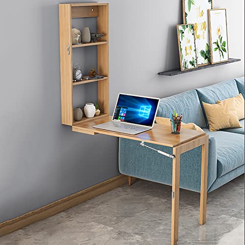 Wall Mounted Desk with Storage Shelves, Space Saving Folding Computer Desk for Office, Study and Writing Workstation, Freestanding 3 Tier Ladder Shelf Desk, Natural