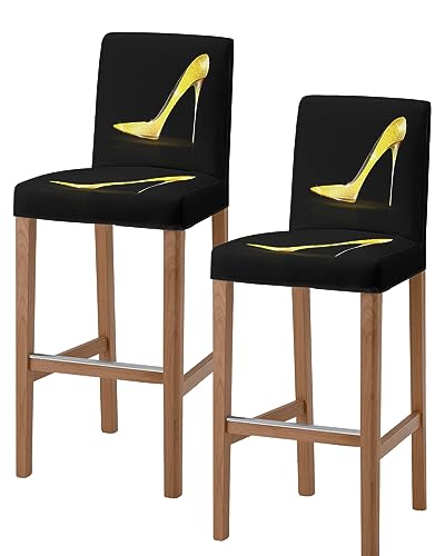 Bar Stool Covers Golden Shinny High-Heeled Shoes Stretch Removable Bar Chair Cover Fashion Lady Counter Slipcovers for Kitchen Pub Dining Room Cafe Furniture Set of 4
