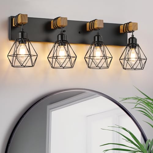 Farmhouse Vanity Light for Bathroom, 5-Light Wood Bathroom Vanity Light Fixtures Over Mirror, Rustic Sconces Wall Lighting with Metal Lampshade for Living Room, Bedroom, Hallway