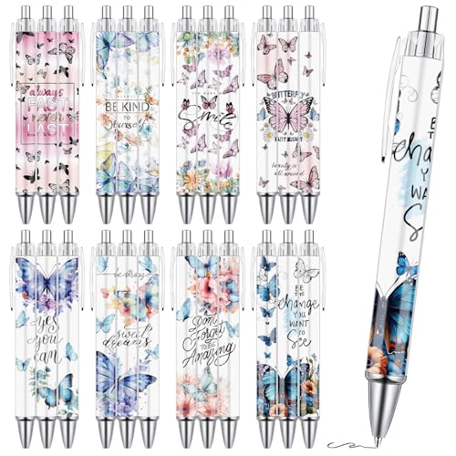 Black Cat Ballpoint Pens - 24PCS Cute Potted Plants Print Pen Set Flower Cactus Ball Point Pens Retractable Smooth Writing Pens for Office Stationery School Supplies for Women Teacher Gifts