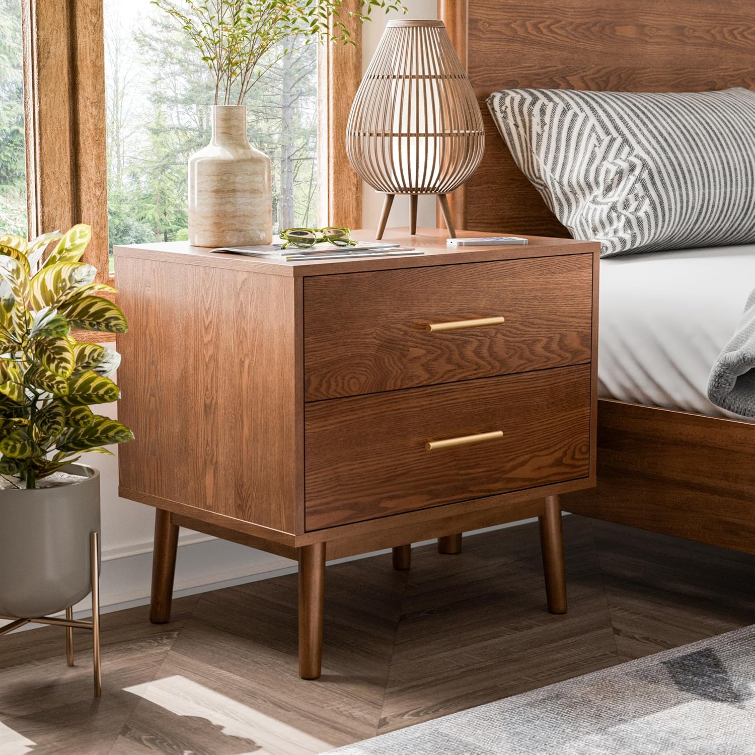 Furniture of America Wyatt Modern Solid Wood Nightstand with Drawers and Round Tapered Legs, Small Bedside Table, Wooden Night Stand for Bedroom, Guest Room, Dorm, Walnut