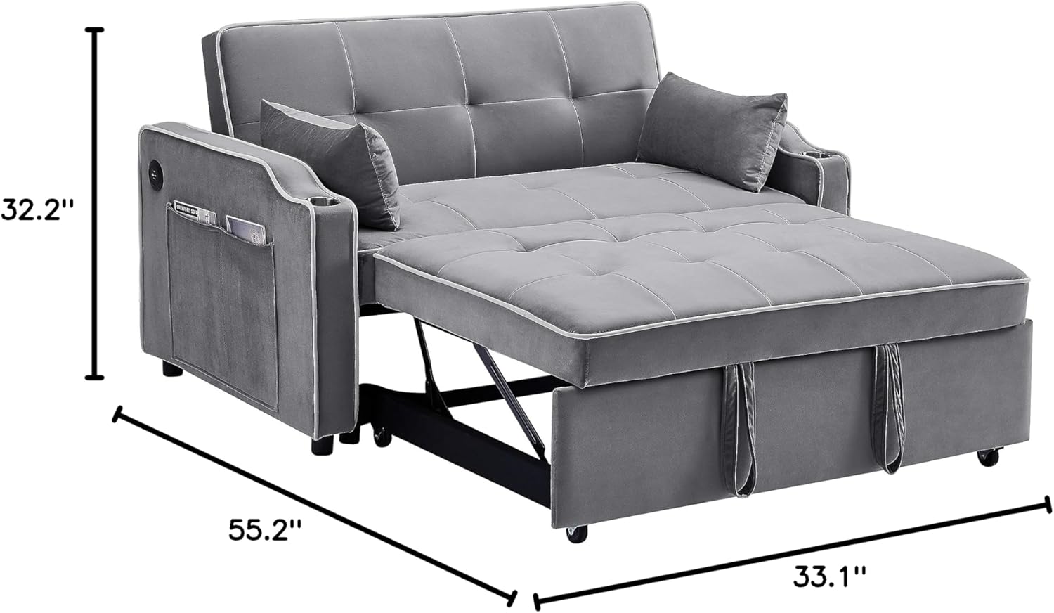 Chaise Lounge 3 in 1 Convertible Sofa Bed with USB Ports, Cup Holder, Side Pocket & Adjustable Backrest Chair, Space-Saving Couch Velvet Loveseat for Living Room, Apartment, Gray