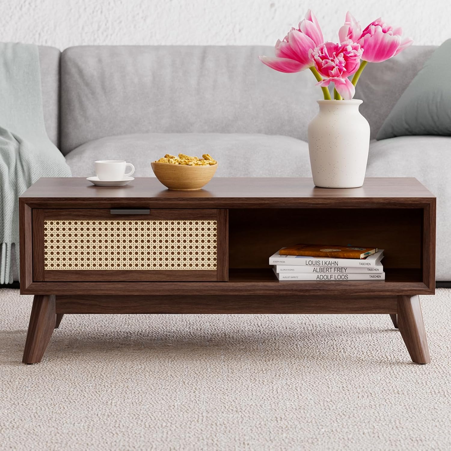Bme Accent Rattan Design, Good Choice for Living Room, Medium Jasper Solid Wood Coffee Table with Storage, Walnut