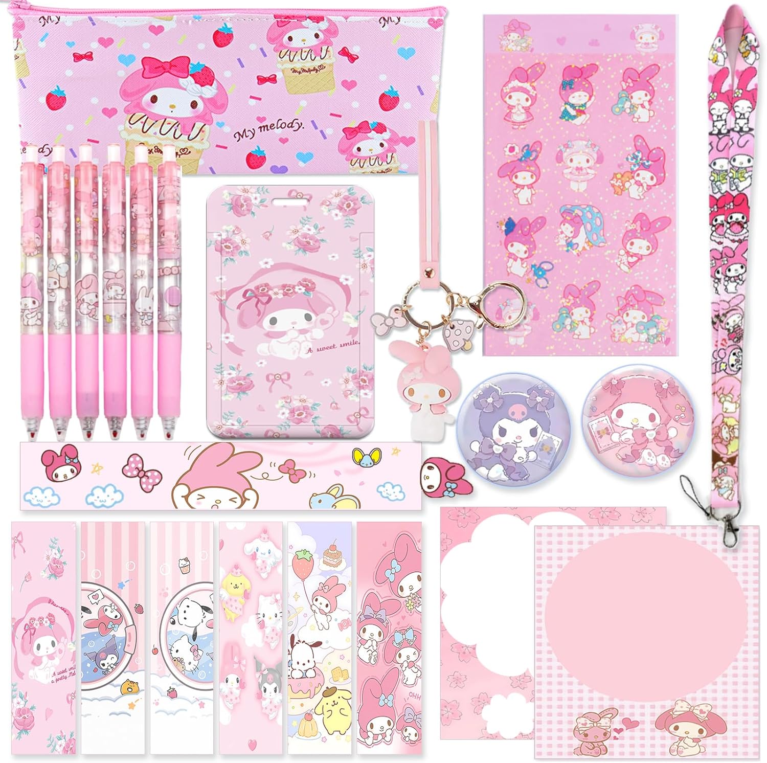 Kawaii Stuff Gift Set Office Supplies Including Cute Stickers, Keychain,Special Button Pins,Sticky Notes,Small Bag,Cute Gel Pens,Unique Bookmarks,Card Holder, Pink
