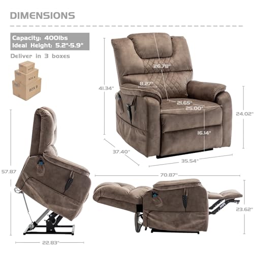 Oversized Power Lift Recliner Chair for Elderly with Massage Heat, Brown Velvet Electric Lay Flat Recliners with Cup Holders, Side Pockets, Infinite Position, Gift for Family