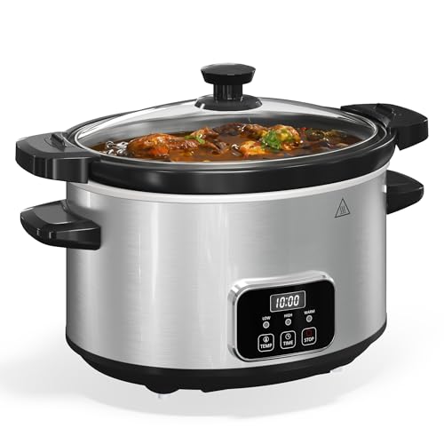 4 QT Slow Cooker, Kiss the Water Buffet Server and Warmer with 3 Heating Modes, Compact Slow Cooker, Dishwasher-Safe Removable Ceramic Pot & Tempered Glass Lid, Stainless Steel, Black