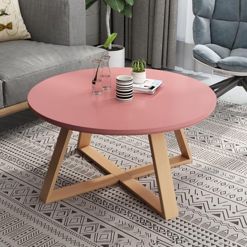 Pink, Round Low Coffee Table, Modern Nordic MDF Center Table, with Cross Table Base + Non-Slip Foot Pad, Easy to Assemble, for Tea Room, Office