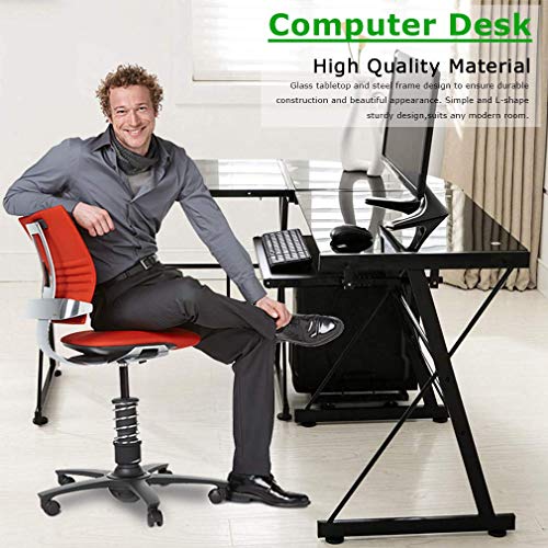 FVLFIL L Shaped Computer Desk with Keyboard Tray L Shaped Tempered Glass Gaming Desk Home Office Writing Gamer Command Center Workstation Black Round Corner Desk Laptop PC Modern Executive Table