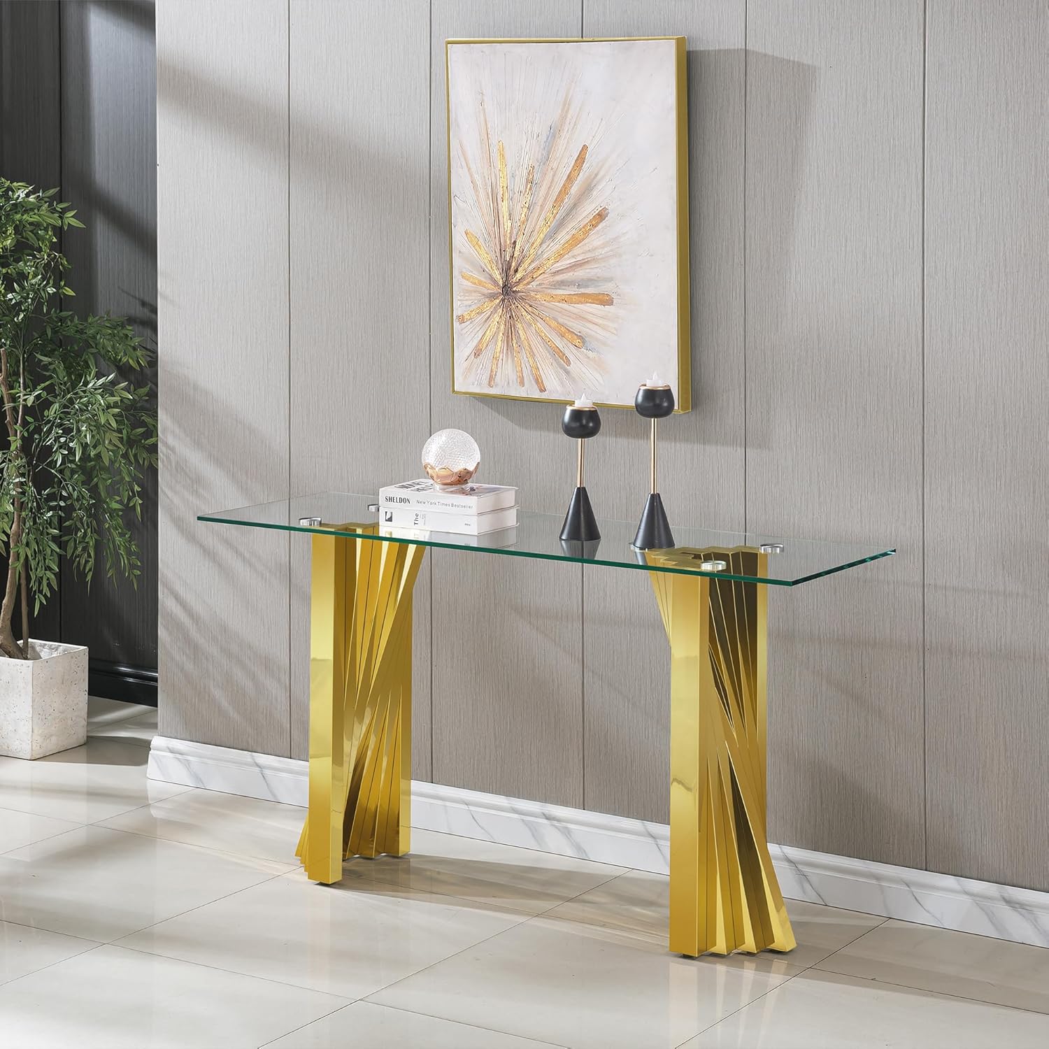 Modern Glass Coffee Table Set with Tempered Glass Top and Gold Mirror Finish Stainless Steel Base for Living Room