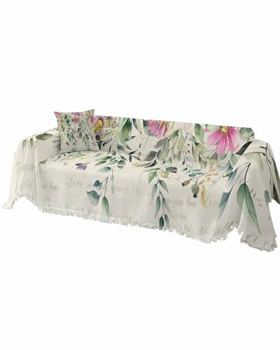 Couch Covers for Loveseat Chair, Pink Purple Flowers Non Slip Sofa Slipcover Protector for 2 Cushion Couch, Spring Floral Eucalyptus Leaves Summer Botanical Soft Throw Cover for Kids, M-71