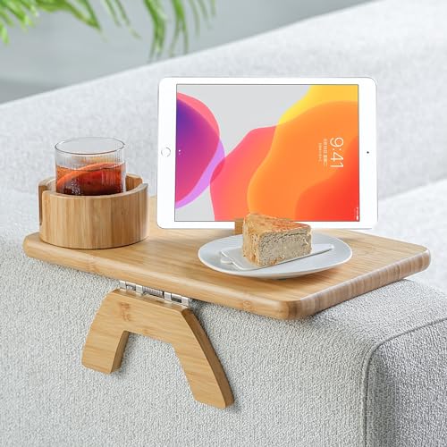 Bamboo Couch Arm Tray, TV Dinner Tray for Sofa Loveseats with Cup Holder Phone Tablet Holder, Clip on Armrest Side End Table Replacement for Meal Drink Remote Glasses, with Raised Edges