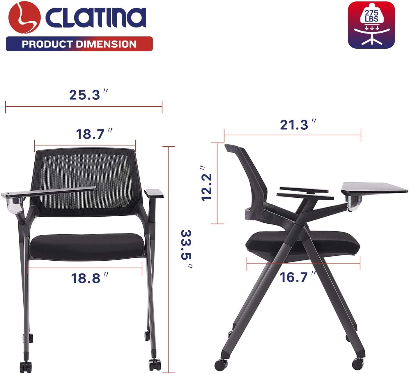 CLATINA Guest Reception Stack Chairs with Caster Wheels,Mesh Back Nesting Chairs with Thickened Fabric Seat,Office School Church Conference Waiting Room Black