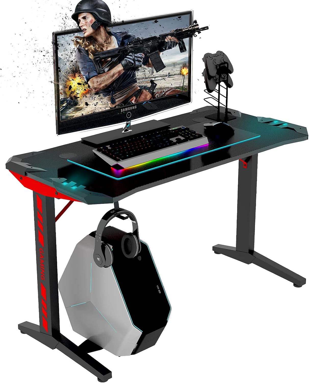 Gaming Table T Shape Black MDF LED Gaming Desk