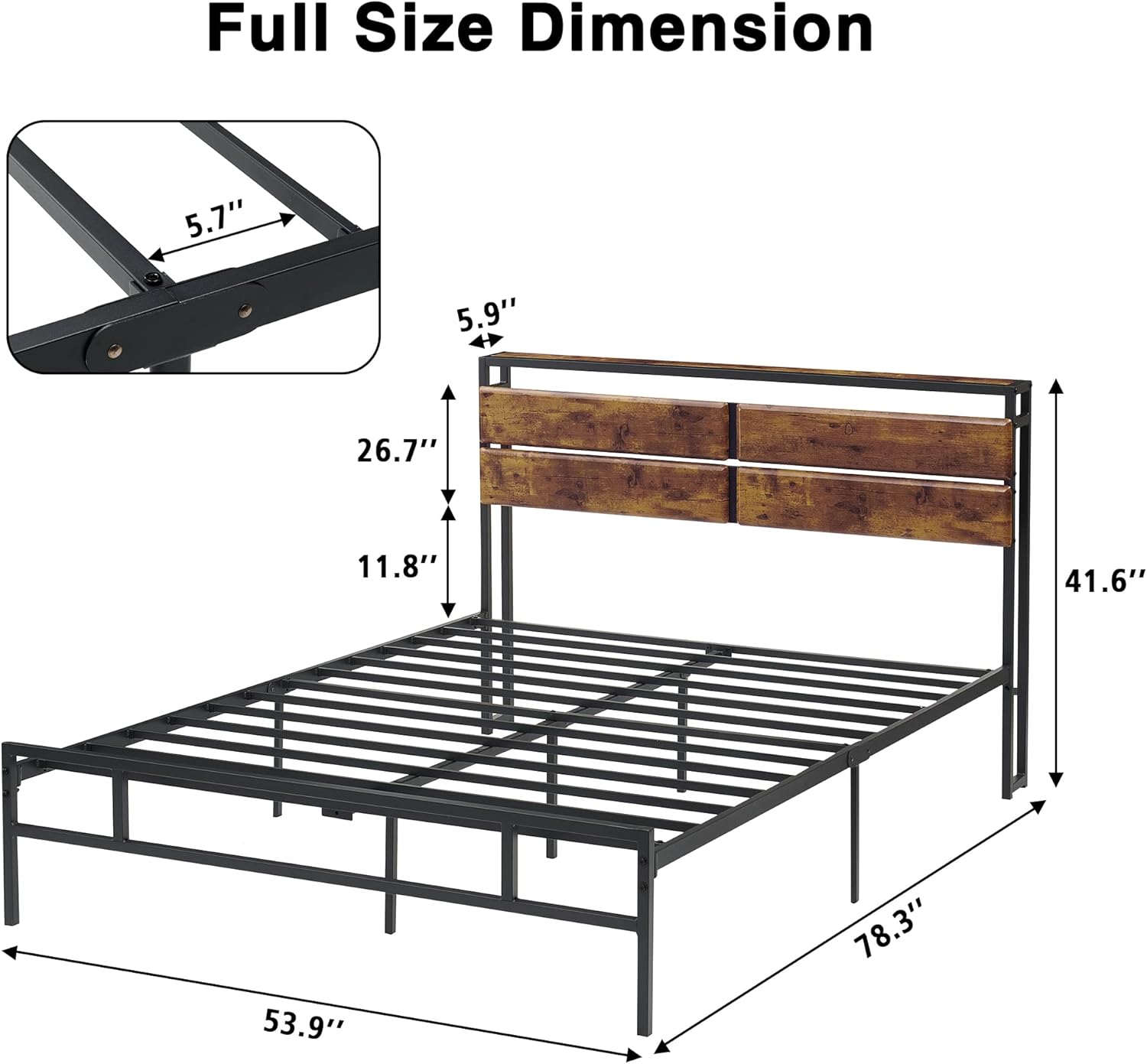 Full Size Metal Platform Bed Frame with Storage Bedside, Rustic Vintage Wood Headboard, Mattress Foundation, No Box Spring Needed,RetroColor