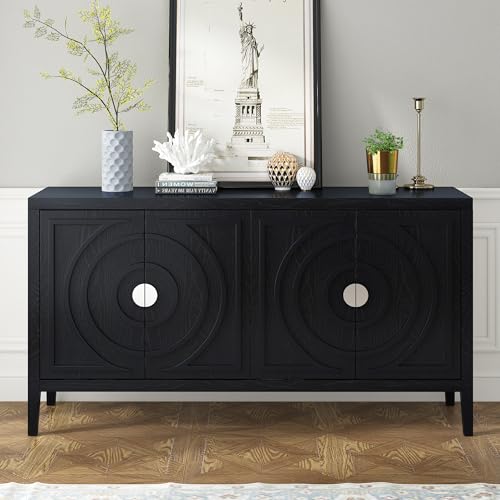 Retro Sideboard with Circular Groove Design and Round Metal Door Handle,Wood Accent Buffet Storage Cabinet with Adjustable Shelves for Entrance Dinning Room Living Room (Gray)