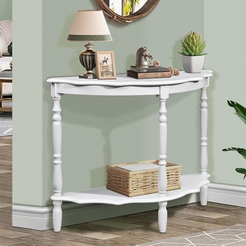 42'' Retro Circular Curved Half-Moon Console Table with Cloud Design Top and Open Shelf Solid Wood Frame and Legs, Light Espresso